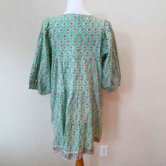 Marea mint green and pink block print balloon sleeve babydoll dress - Picture 6 of 8